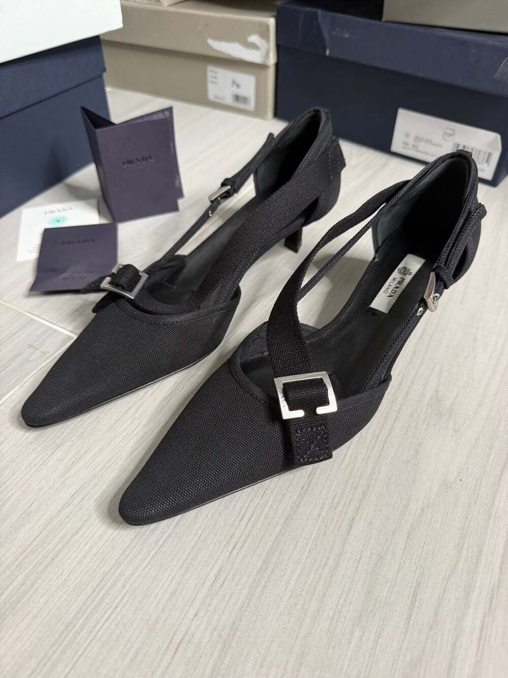 Prada Black Canvas Pointed Toe Buckle Kitten Heel Pumps EU 36 MSRP $1,270